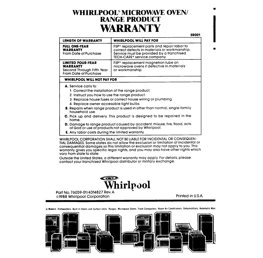 Whirlpool RS313PXT, RS333PXT manual Whirlpoolmicrowave Oven Range Product 