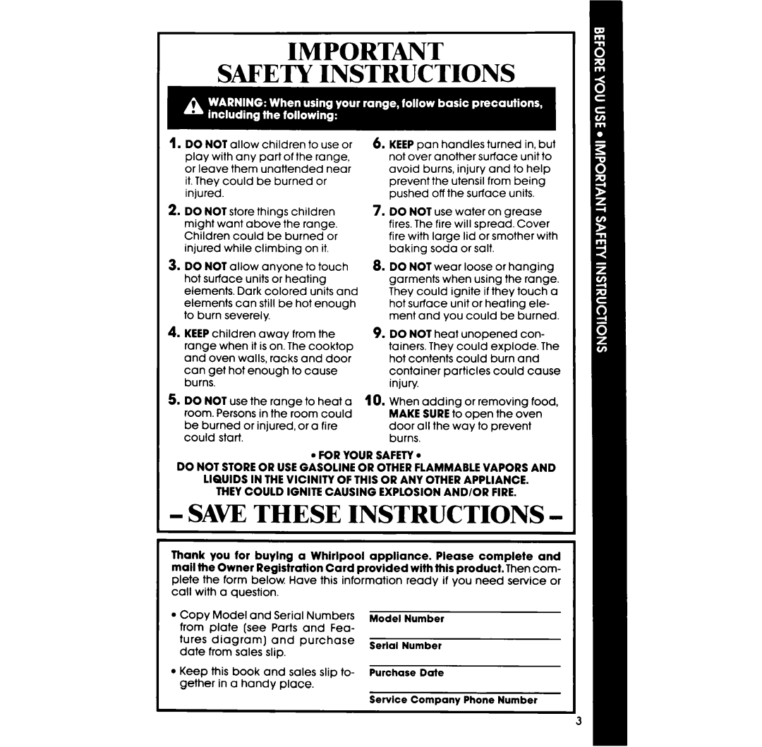 Whirlpool RS333PXT, RS313PXT manual Safety Instructions 