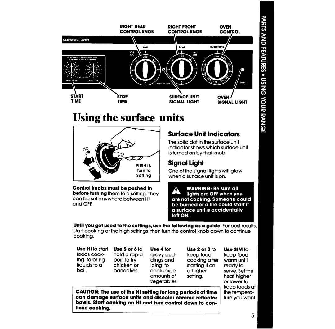 Whirlpool RS333PXT, RS313PXT manual Units, Surface Unit Indicators, Signal light 