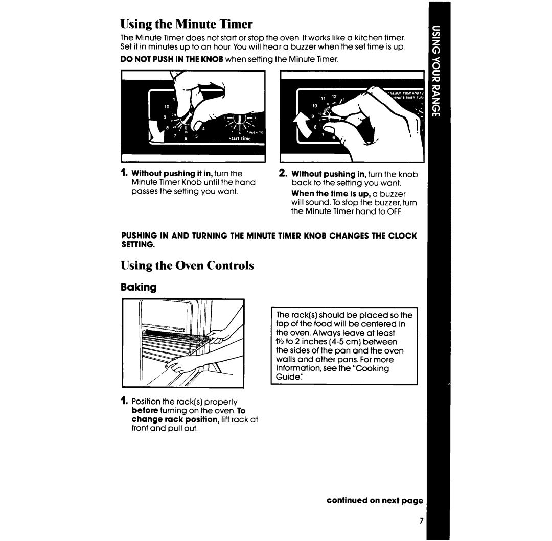 Whirlpool RS333PXT, RS313PXT manual Using the Minute Timer, Using the Oven Controls, Baking 