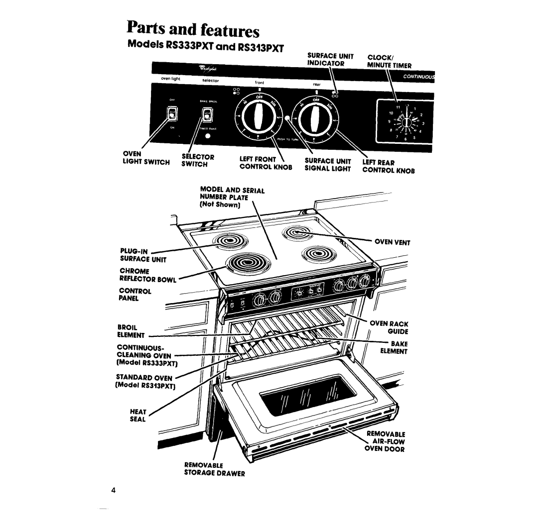 Whirlpool manual Parts and features, Models RS333PXT and RS313PXT 
