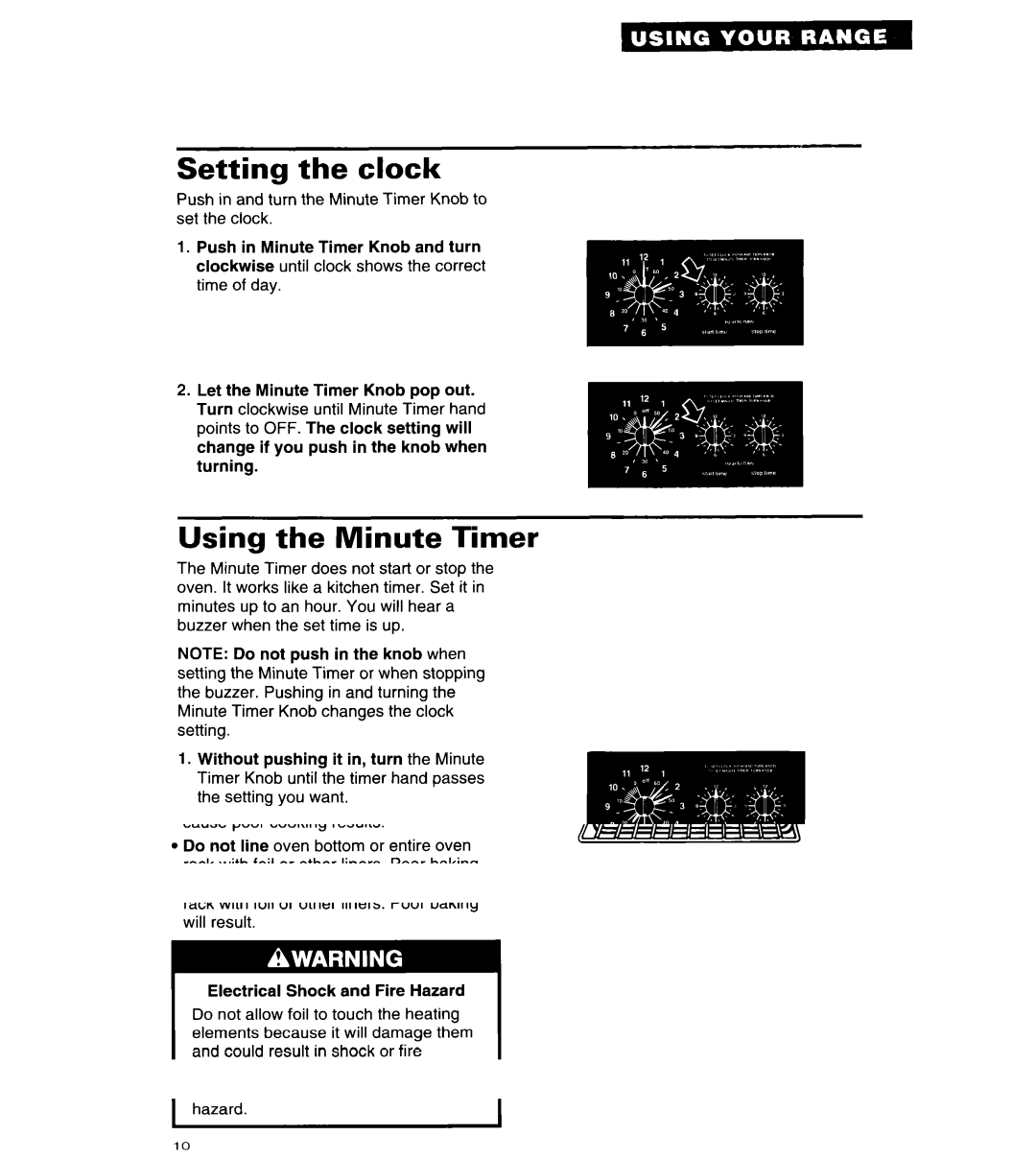 Whirlpool RS313PXY important safety instructions Setting the clock, Using the Minute Timer 