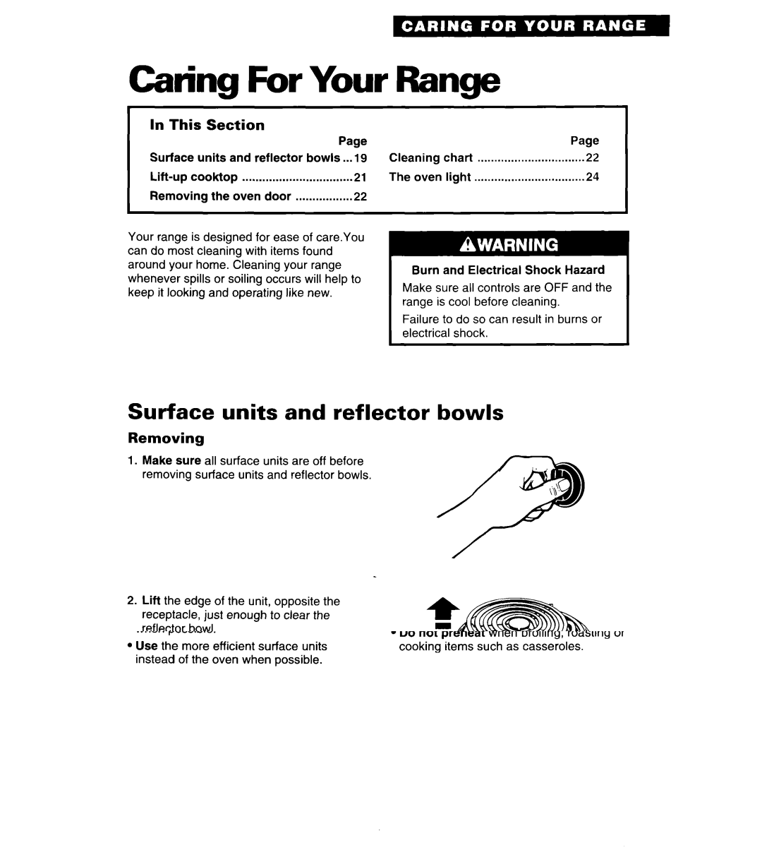 Whirlpool RS313PXY Caring For Your Range, Surface units and reflector bowls, This Section, Removing 