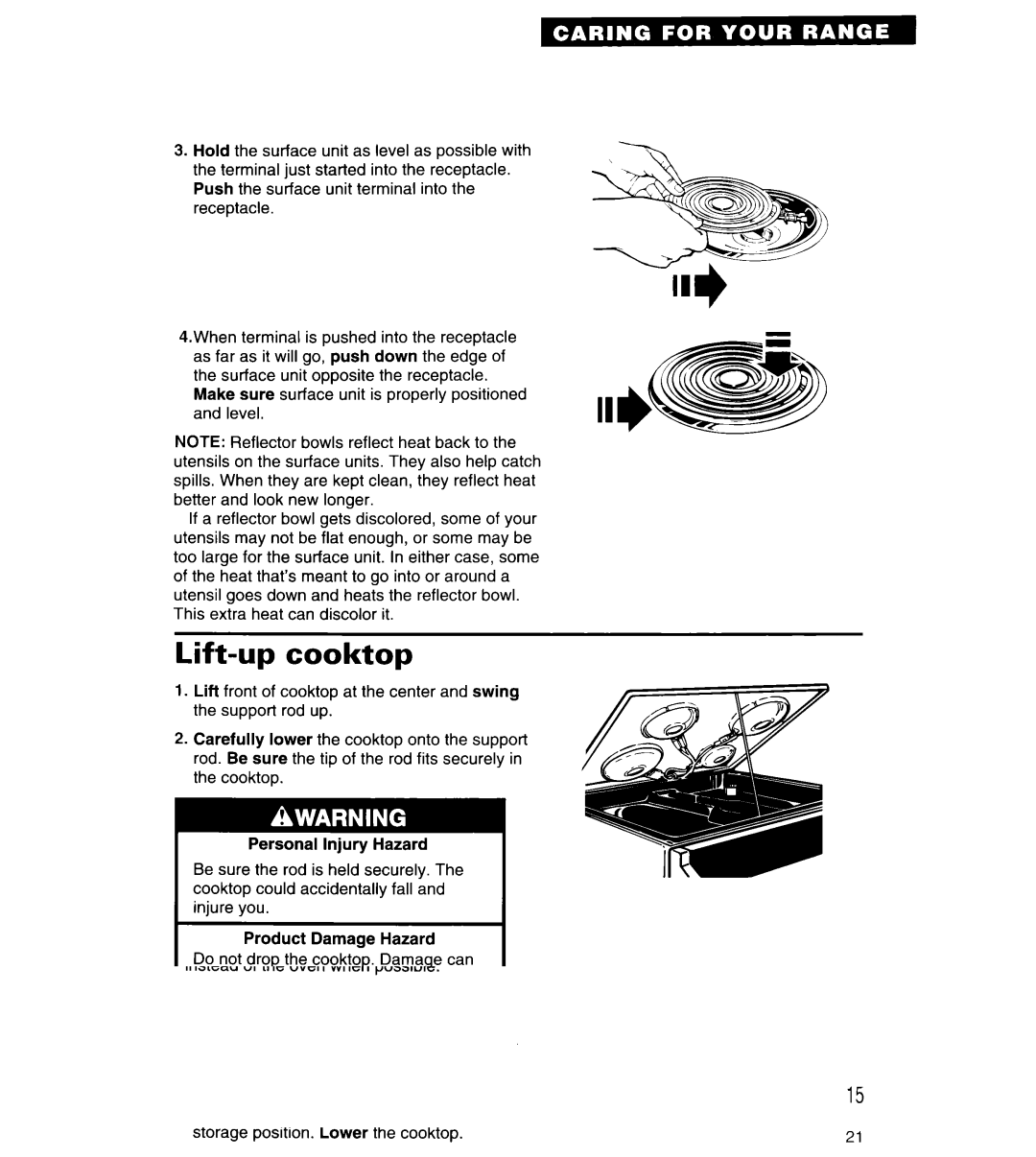 Whirlpool RS313PXY important safety instructions Lift-up cooktop 