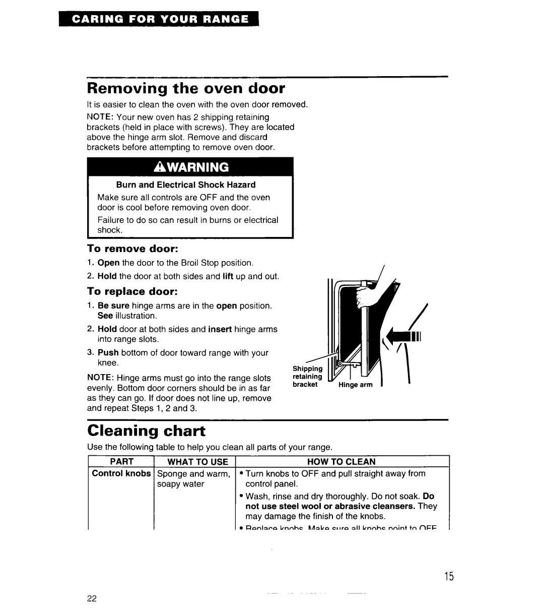 Whirlpool RS313PXY important safety instructions Removing the oven door, Cleaning chart, To remove door, To replace door 