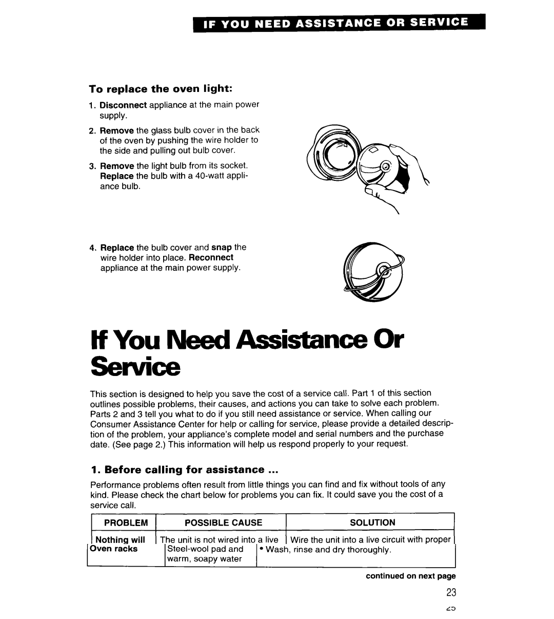 Whirlpool RS313PXY If You Need Assistance Or sewice, To replace the oven light, Before calling for assistance 