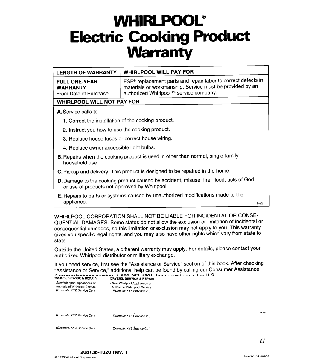 Whirlpool RS313PXY Electric Cooking Product Warranty, Length of Warranty, Whirlpool will PAY for 