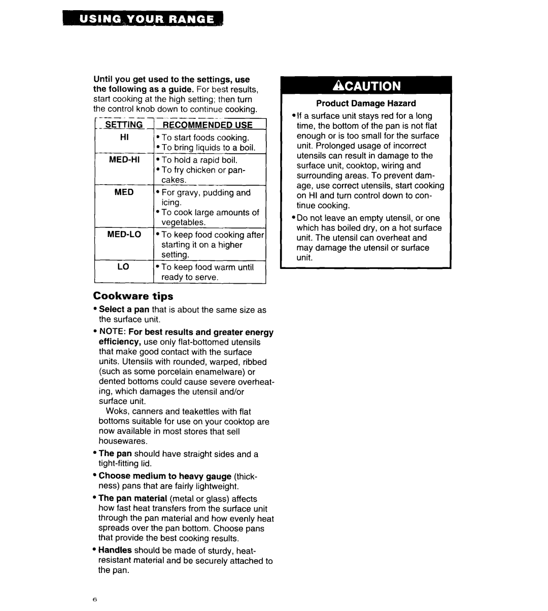 Whirlpool RS313PXY important safety instructions Cookware tips 