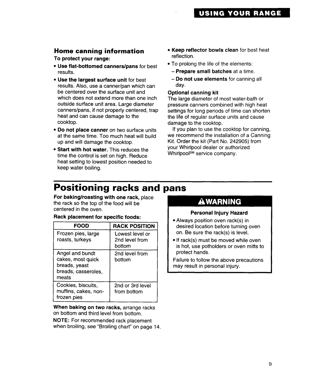 Whirlpool RS313PXY important safety instructions Positioning racks, Pans, Home canning information, Food 