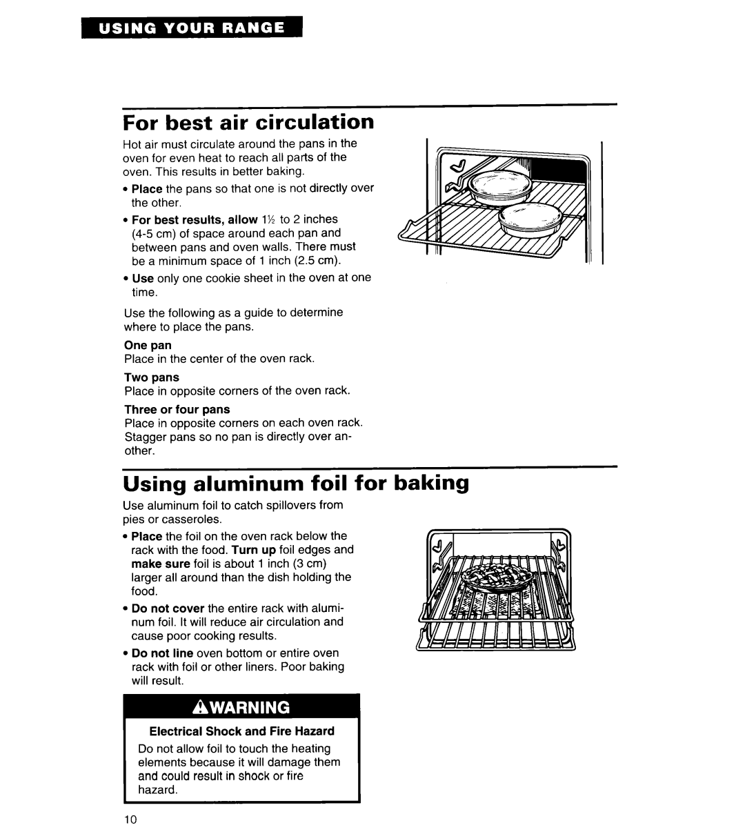 Whirlpool RS313PXY important safety instructions For best air circulation, Using aluminum foil for baking 
