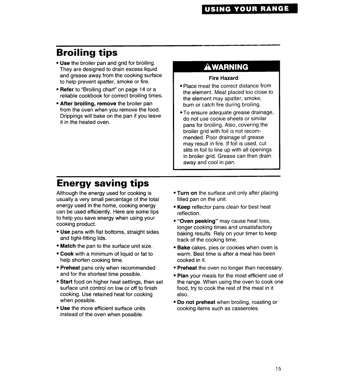 Whirlpool RS313PXY important safety instructions Broiling tips, Energy saving tips 