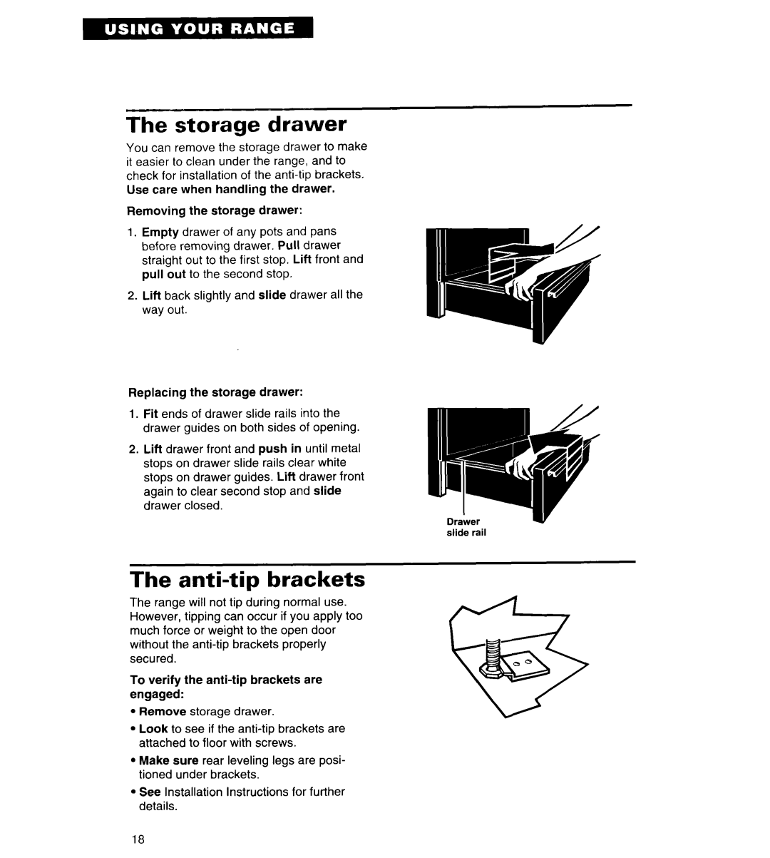 Whirlpool RS313PXY important safety instructions The storage drawer, The anti-tipbrackets 