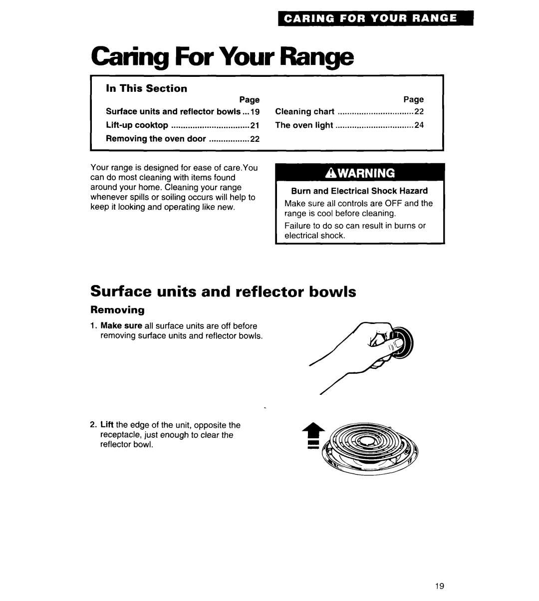 Whirlpool RS313PXY Caring For Your Range, Surface units and reflector bowls, In This Section, Removing 