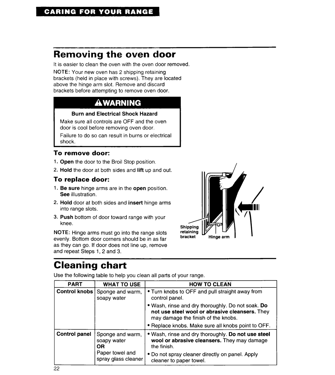 Whirlpool RS313PXY important safety instructions Removing the oven door, Cleaning chart, To remove door, To replace door 