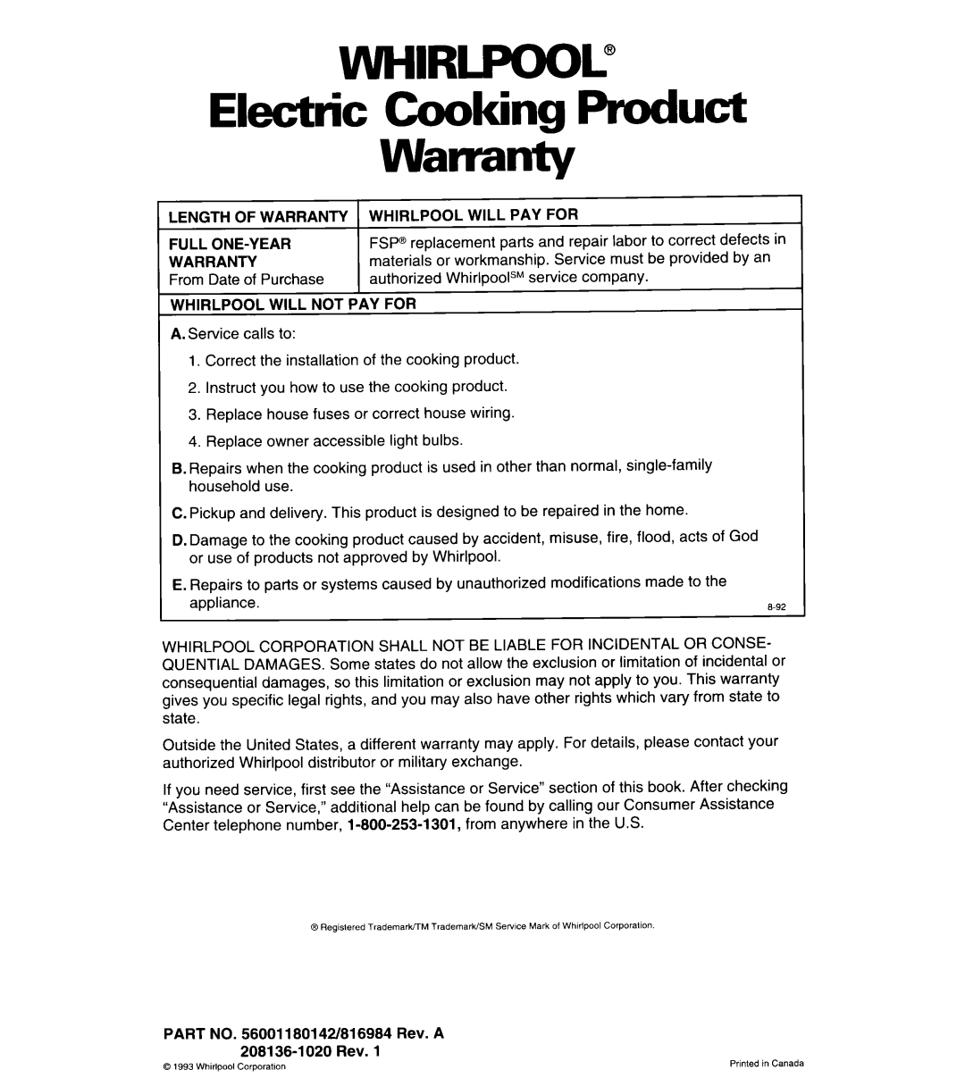 Whirlpool RS313PXY important safety instructions WHIRLPOOL” Electric Cooking Product Warranty 