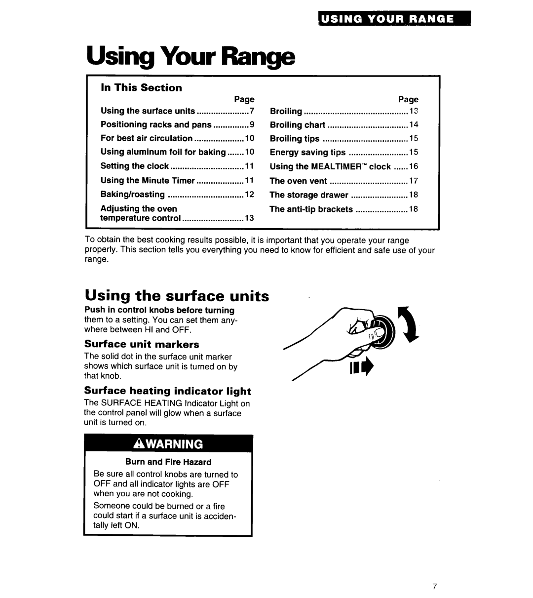 Whirlpool RS313PXY Your, Using the surface units, Range, In This, Surface unit markers, Surface heating indicator light 