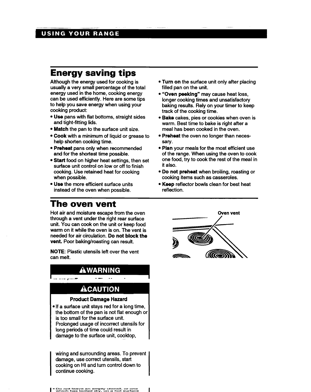 Whirlpool RS31OPXB, RS3025XB manual Energy saving tips, Oven Vent 