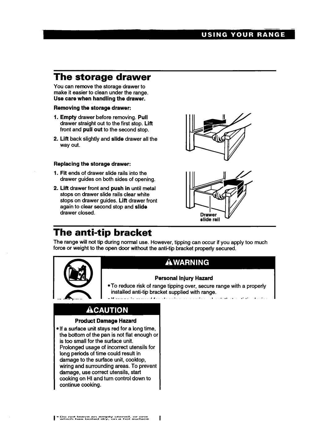 Whirlpool RS3025XB, RS31OPXB manual Storage drawer, Anti-tip bracket, To verify the anti-tip bracket is engaged 