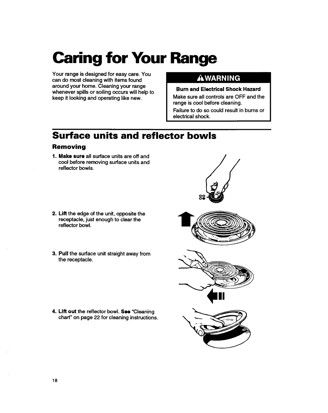 Whirlpool RS31OPXB, RS3025XB manual Caring for Your, Range, Surface units and reflector bowls, Removing 