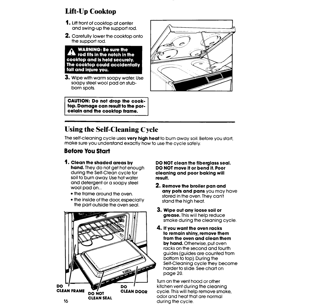 Whirlpool RS363BXT manual Lift-Up Cooktop, Using the Self-Cleaning Cycle, Before You Start, Clean Door Clean Seal 