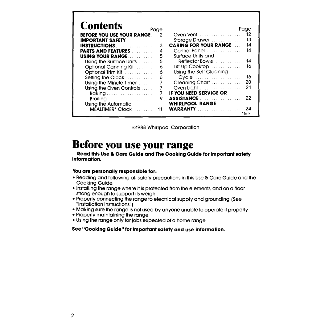 Whirlpool RS363BXT manual Before you use your range, Contents 