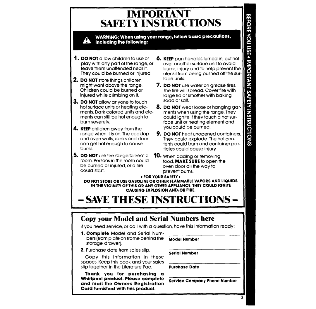 Whirlpool RS363BXT manual Copy your Model and Serial Numbers here, When adding or removing 