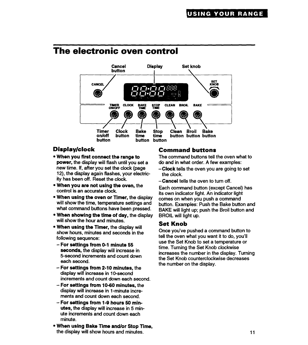 Whirlpool RS363PXY manual Electronic oven control, Display/clock, Command buttons, Set Knob 