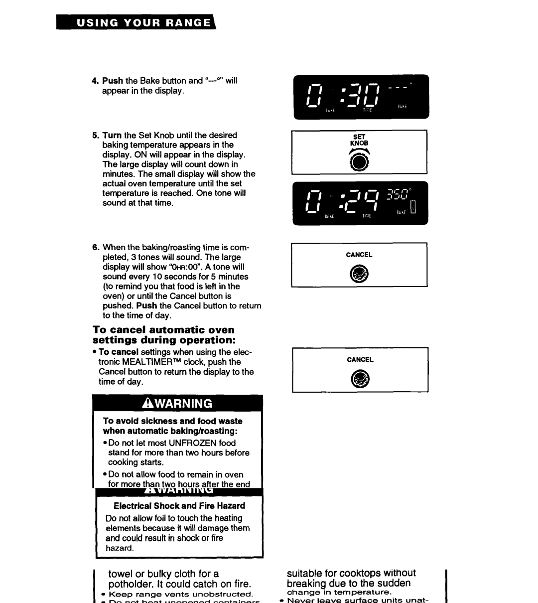 Whirlpool RS363PXY manual To cancel automatic oven settings during operation 