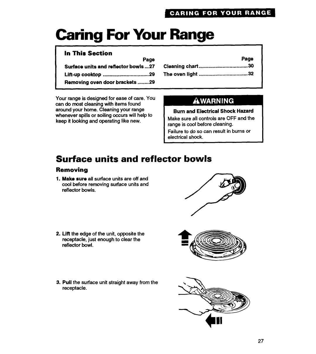 Whirlpool RS363PXY manual Surface units and reflector bowls, Removing, Cleaning, Burn and Electrical Shock Hazard 