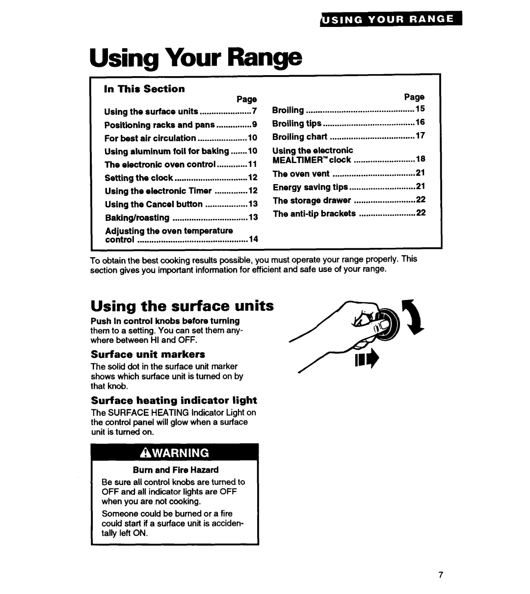 Whirlpool RS363PXY manual Using the surface units, This Section, Surface unit markers, Surface heating indicator light 