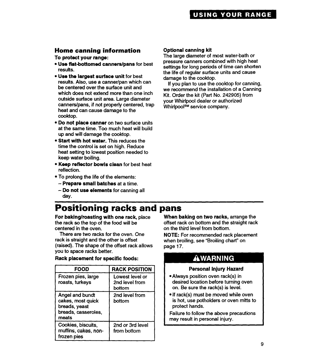 Whirlpool RS363PXY manual Positioning racks, Pans, Home canning information 