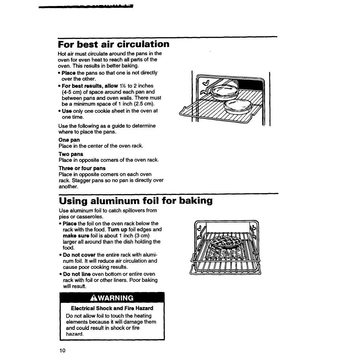 Whirlpool RS363PXY manual For best air circulation, Using aluminum foil for baking, One pan, Two pans, Three or four pans 
