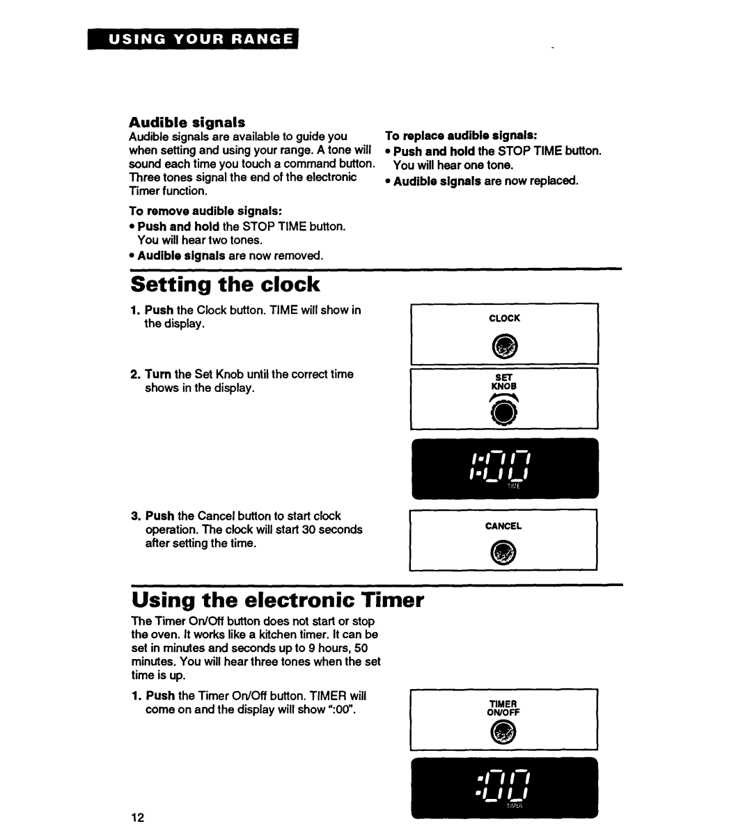 Whirlpool RS363PXY manual Setting the clock, Using the electronic Timer, Audible signals, To remove audible signals 