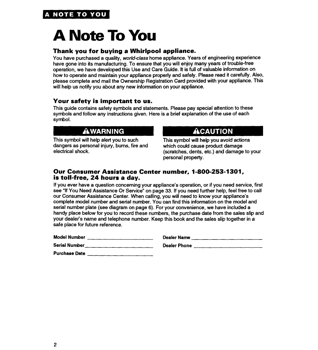 Whirlpool RS363PXY manual A Note To You, Thank you for buying a Whirlpool appliance, Your safety is important to us 
