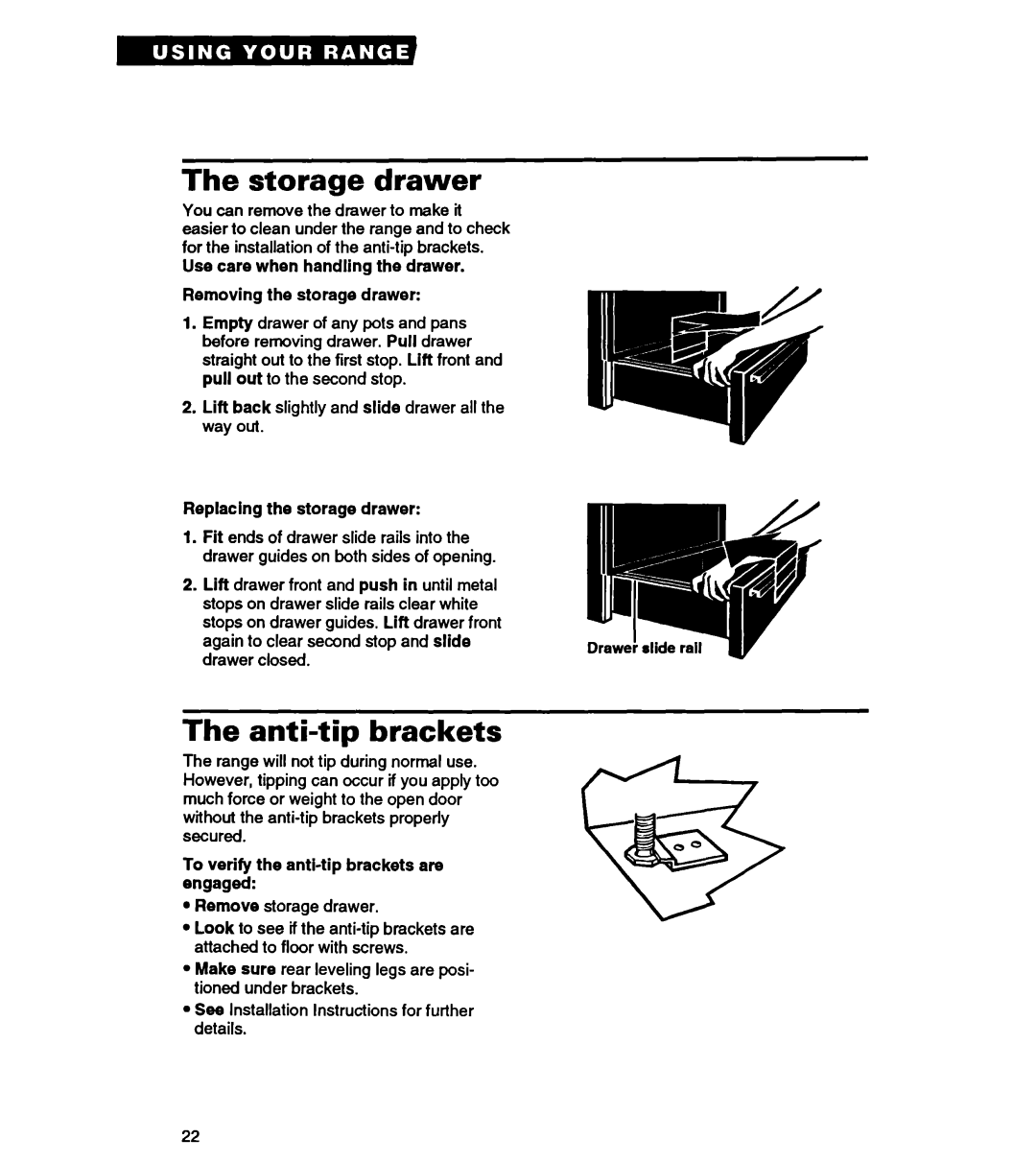 Whirlpool RS363PXY manual The storage drawer, The anti-tipbrackets, Replacing the storage drawer 