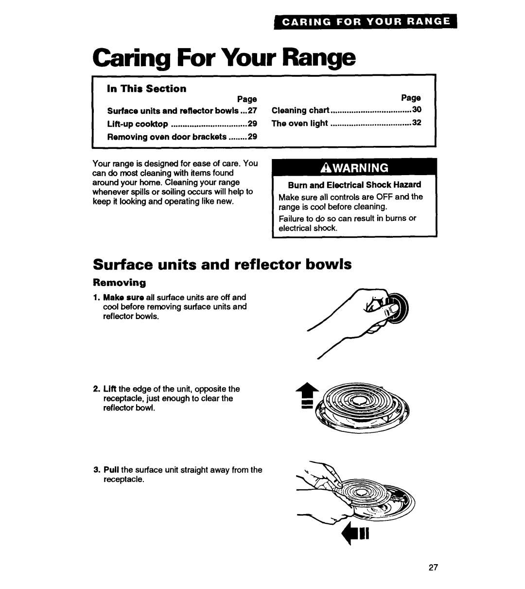 Whirlpool RS363PXY Caring For Your Range, Surface units and reflector bowls, In This Section, Removing, Cleaning, The oven 