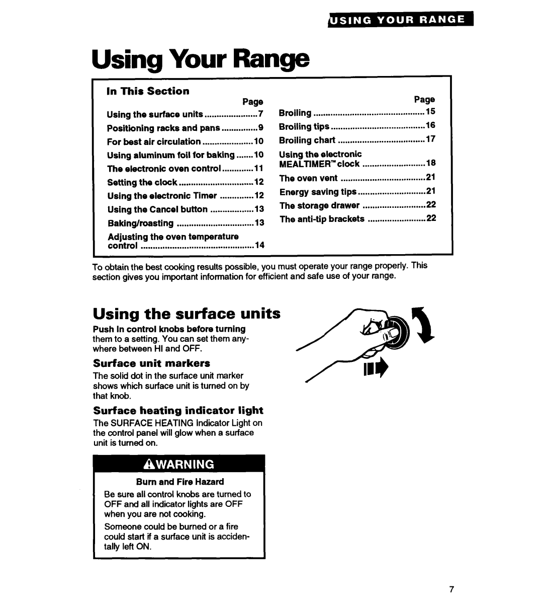 Whirlpool RS363PXY manual Using Your Range, Using the surface units, In This, Section, Surface unit markers 