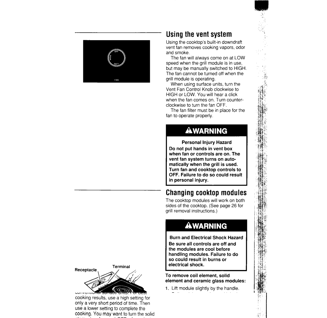 Whirlpool RS373PXW manual Usingthe vent system, Changingcooktopmodules 