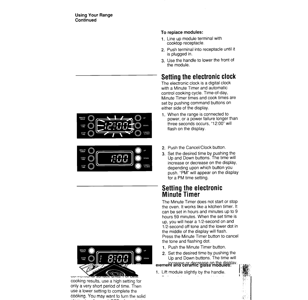 Whirlpool RS373PXW manual Settingthe electronic clock, Setting the electronic Minute Timer, Push the Minute Timer button 