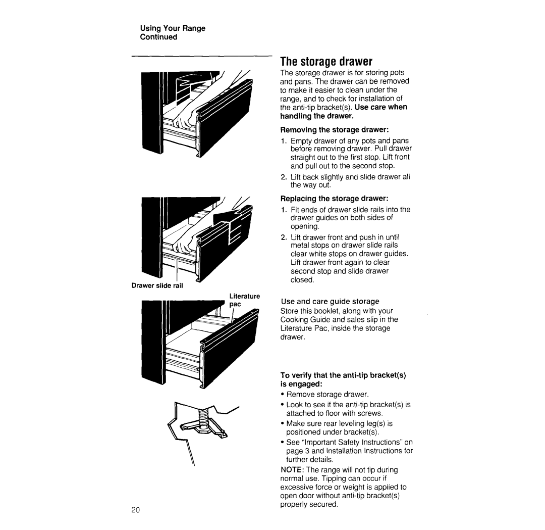 Whirlpool RS373PXW manual Thestoragedrawer, Using Your Range 