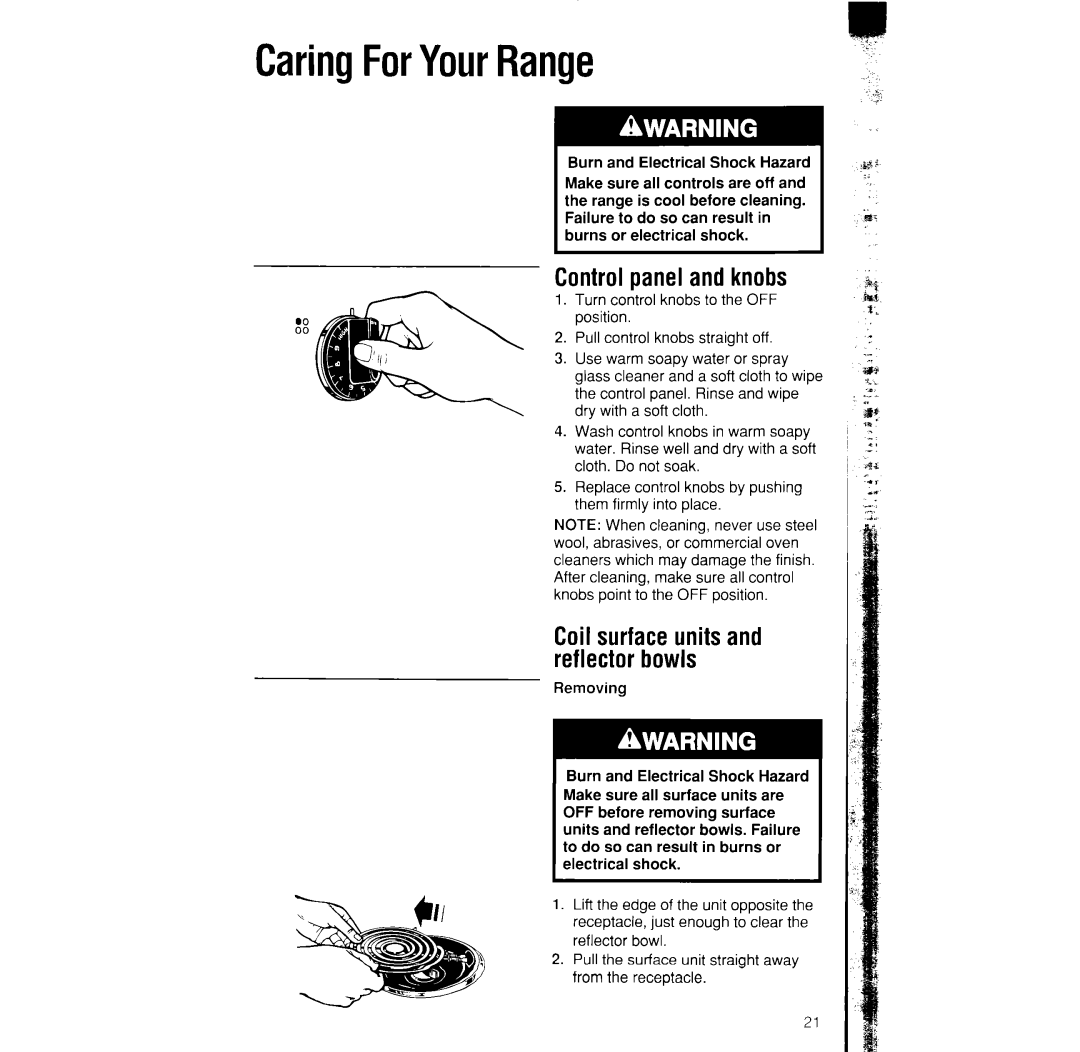 Whirlpool RS373PXW manual CaringForYourRange, Controlpanel and knobs 