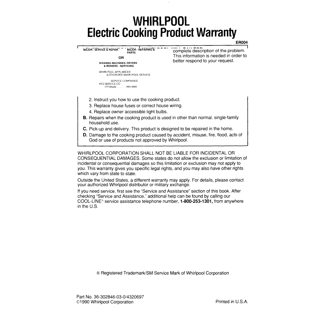 Whirlpool RS373PXW manual Whirlpool, From Date of Purchase ER004 