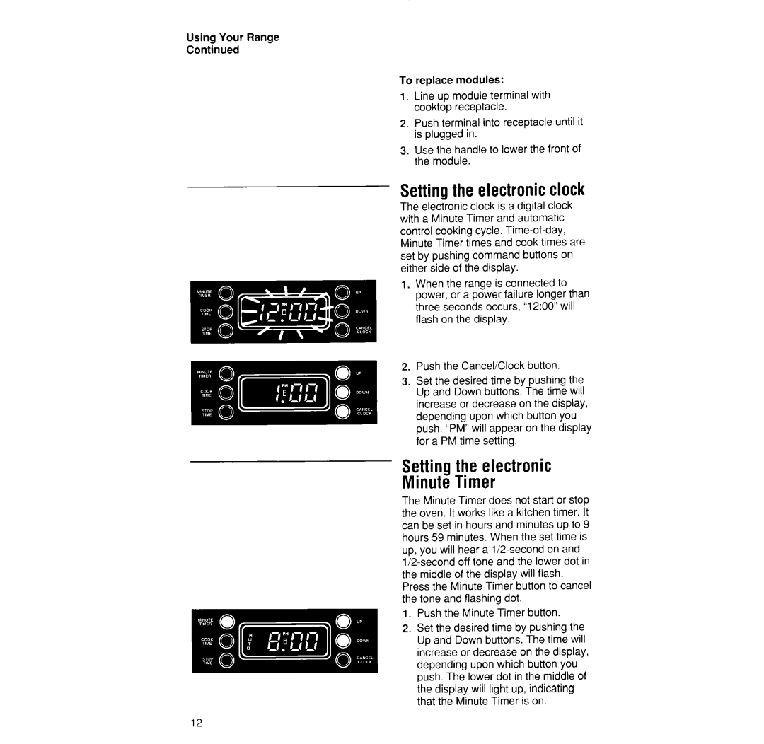 Whirlpool RS373PXW manual Settingthe electronic clock, Setting the electronic Minute Timer 