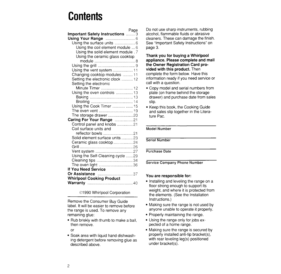 Whirlpool RS373PXW manual Contents 