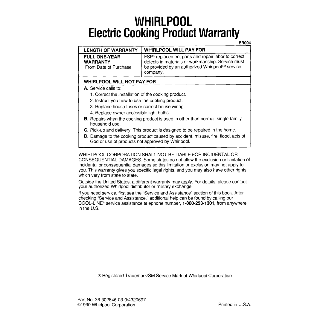 Whirlpool RS373PXW manual WHIRLPOOL ElectricCookingProductWarranty 