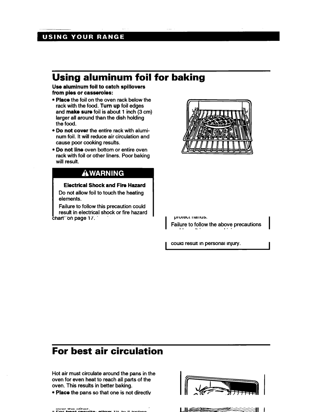 Whirlpool RS385PXB, RS385PCB manual Using aluminum foil for baking, Electrical Shock and Fire Hazard 