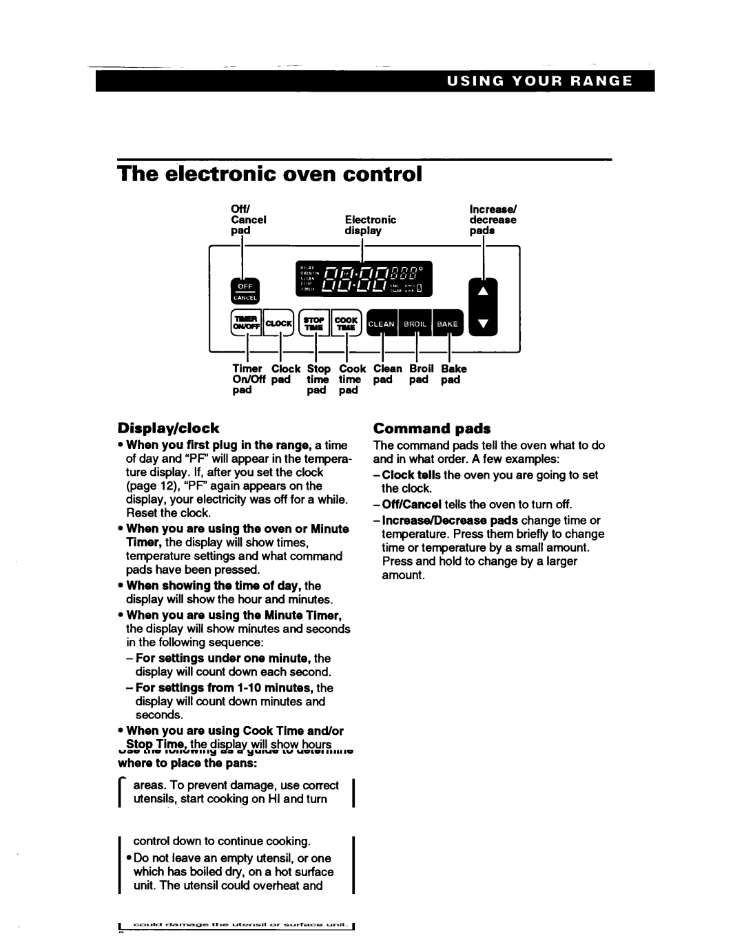 Whirlpool RS385PCB, RS385PXB manual Electronic Oven control, Display/clock, Command pads 