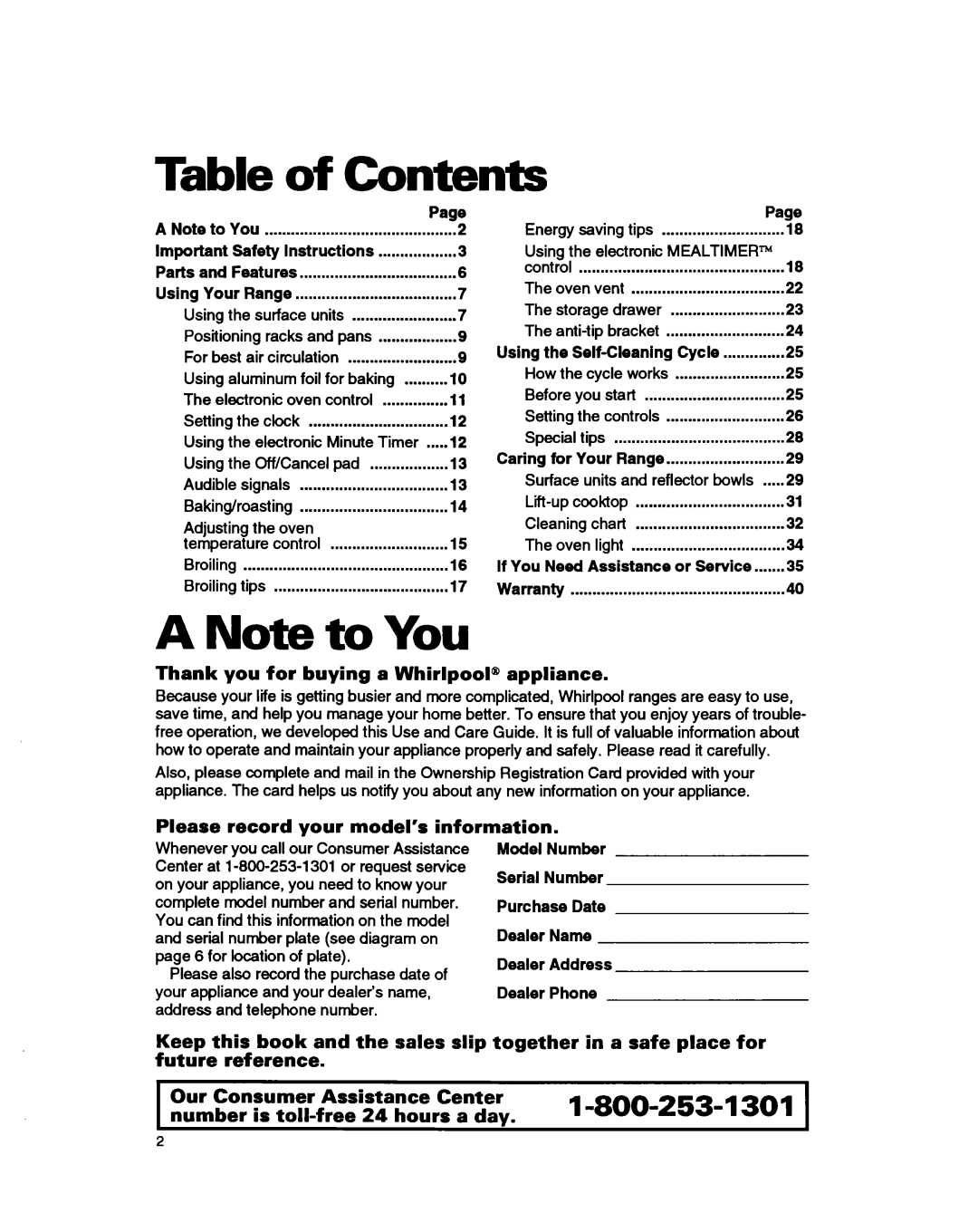 Whirlpool RS385PXB, RS385PCB manual Table of Contents 