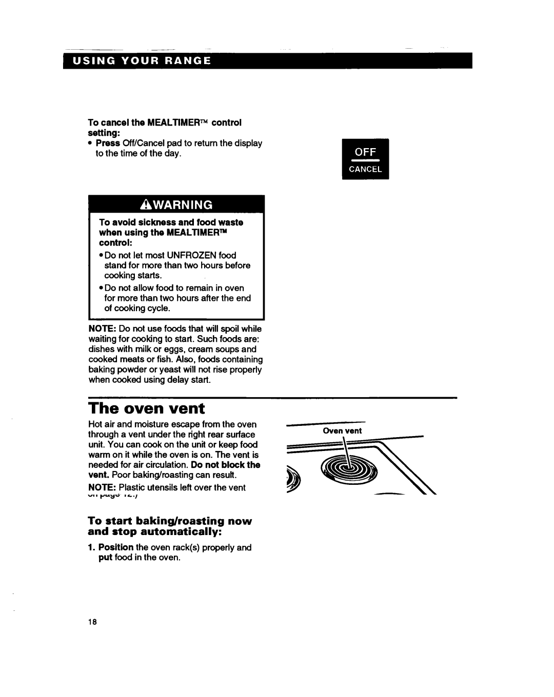 Whirlpool RS385PXB, RS385PCB manual Oven Vent, To cancel the Mealtimern control setting 