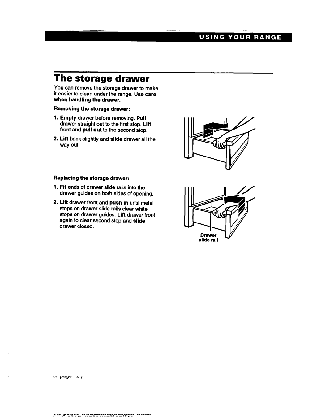 Whirlpool RS385PCB, RS385PXB manual Storage drawer, Removing the storage drawer, Replacing the storage drawer 